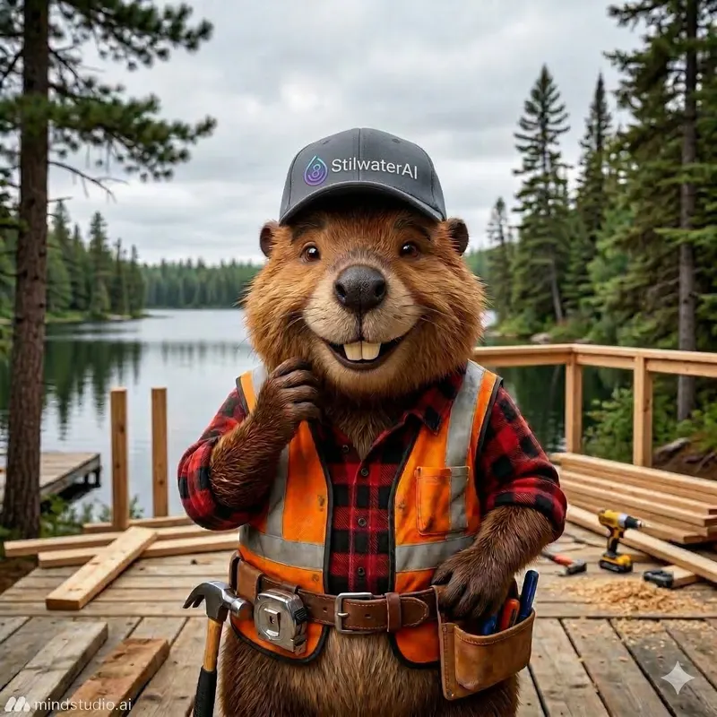Justin Beaver, the StilwaterAI mascot: a beaver in a plaid shirt, safety vest, tool belt and StilwaterAI cap, building a deck by a lake